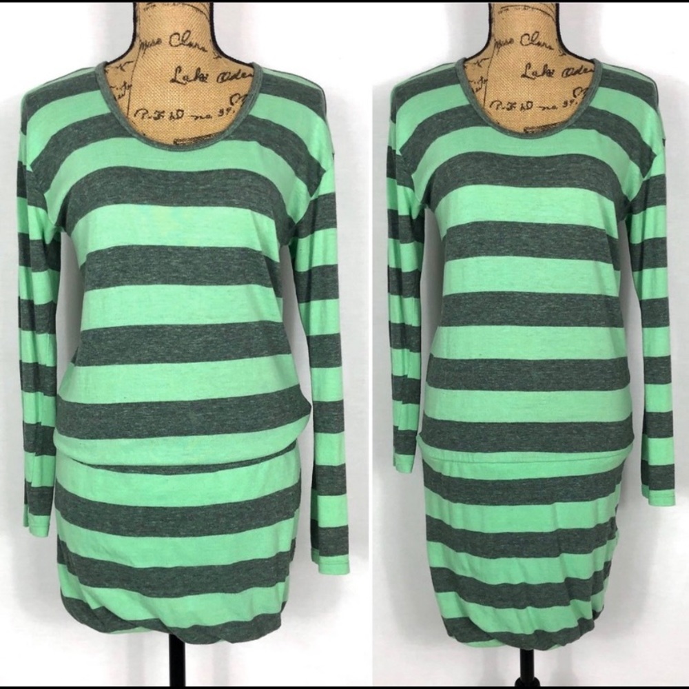 C&C California Green Striped Long Sleeved Dress S